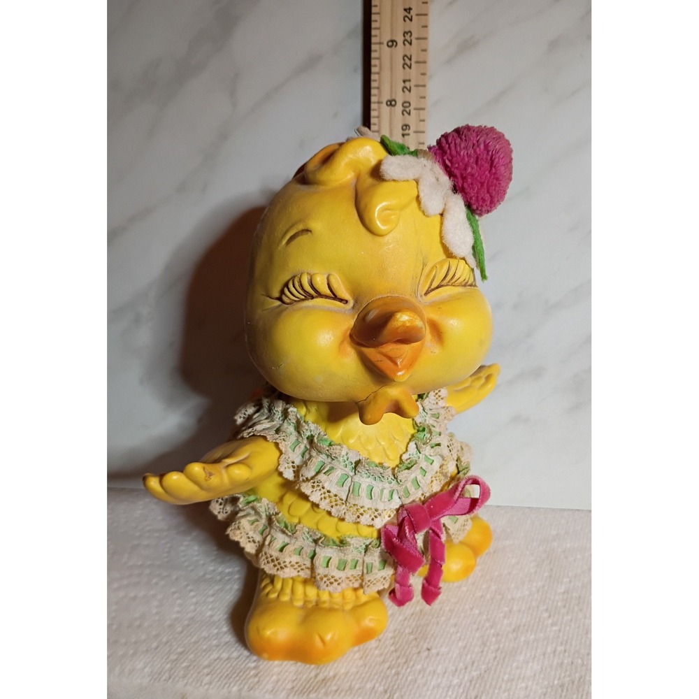 Vintage 1975 Royalty Industries Yellow Chick Coin Bank Lace Dress Daisy 8 Inch